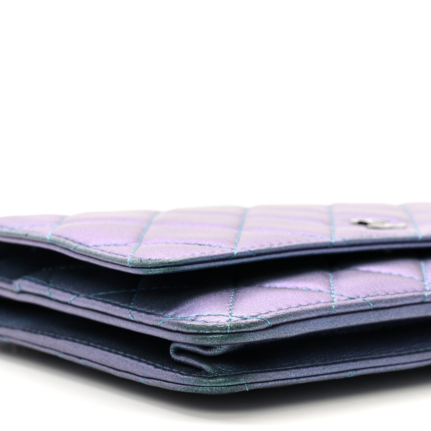 Iridescent Lambskin Quilted Wallet On Chain WOC Turquoise