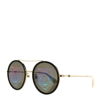 Gucci Metal Round Frame Tiger Print Sunglasses GG0061S Gold 1 of 7