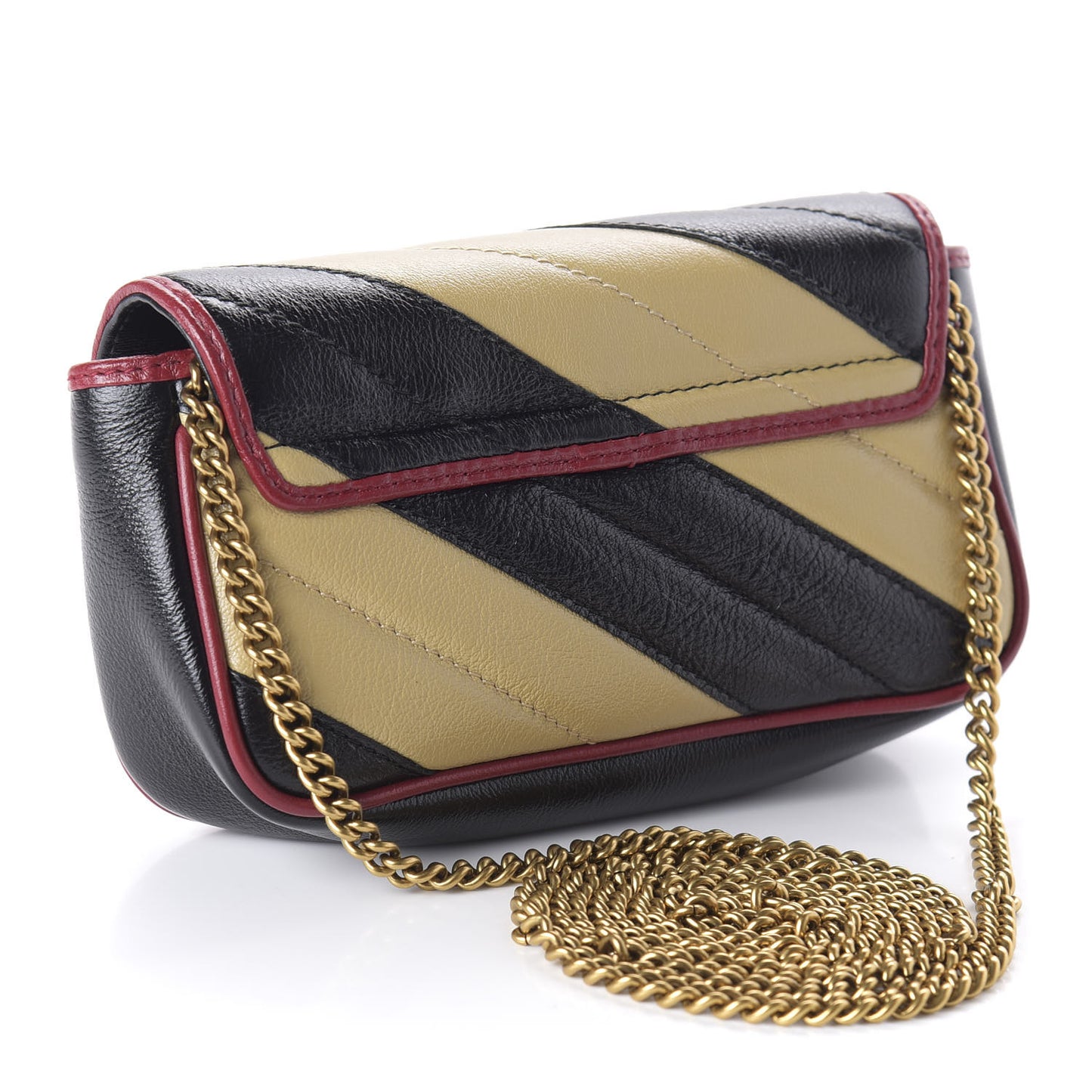 Vintage Effect Calfskin Matelasse Diagonal Striped Super Mini Torchon GG Marmont Shoulder Bag Black Beige