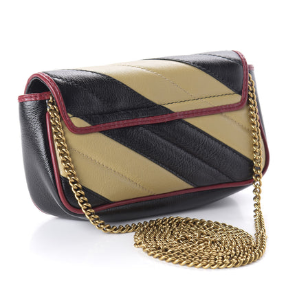 Gucci Vintage Effect Calfskin Matelasse Diagonal Striped Super Mini Torchon GG Marmont Shoulder Bag Black Beige 3 of 10