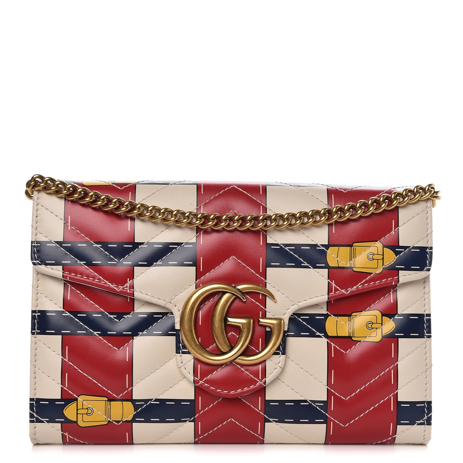 Gucci Calfskin Matelasse Trompe L'Oeil Print Mini GG Marmont Chain Wallet White 1 of 8