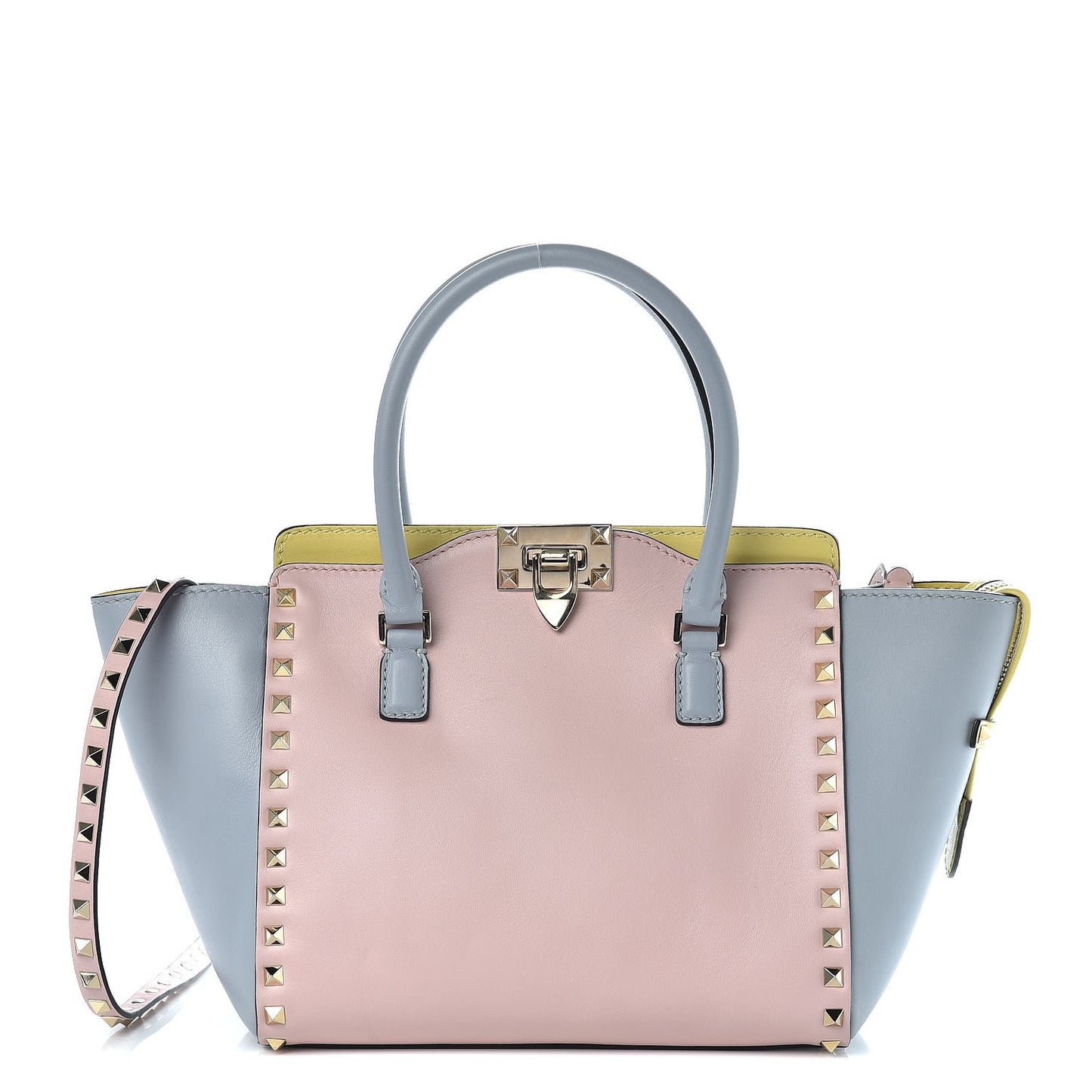 Calfskin Watercolor Small Rockstud Double Handle Tote Rose Green Yellow Sky
