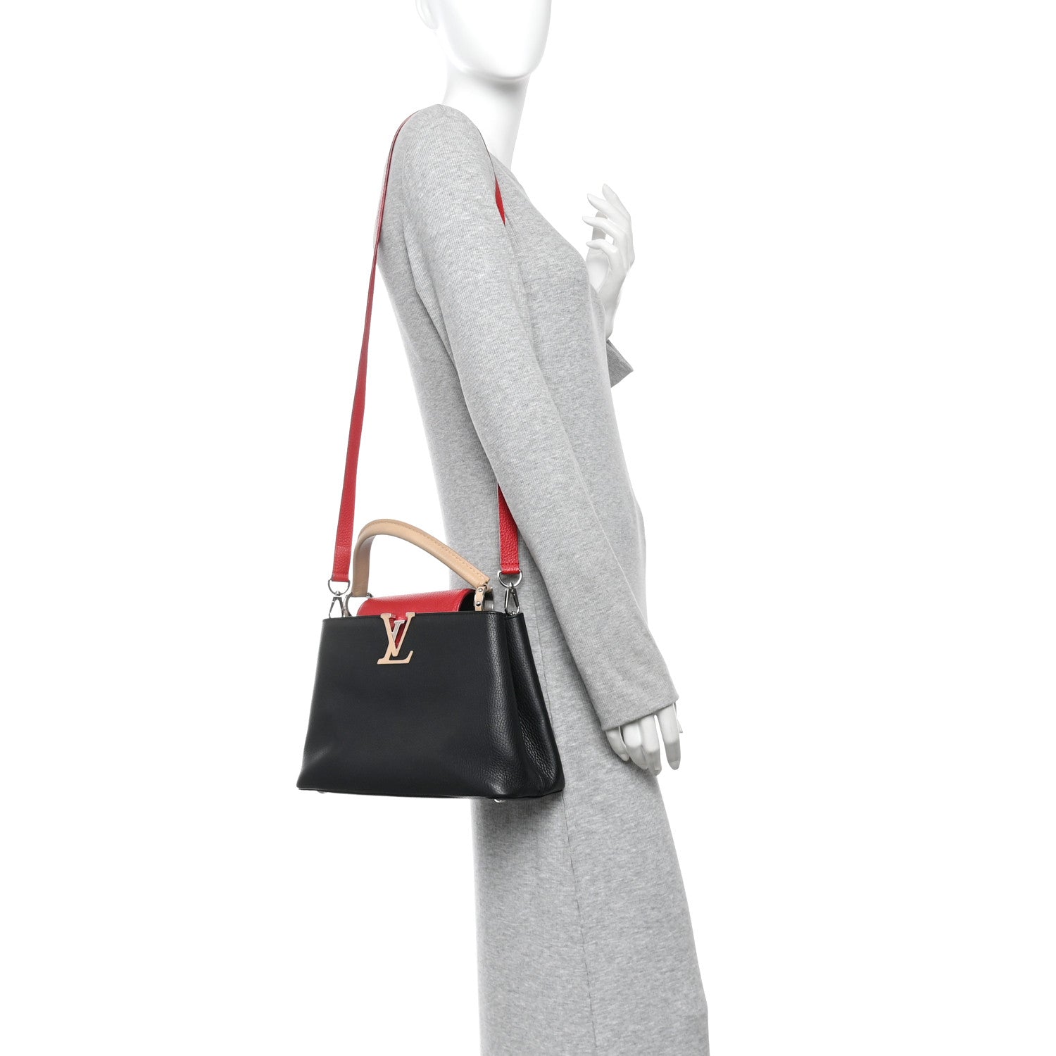 Louis Vuitton Taurillon Capucines MM Black Beige Red 2 of 12