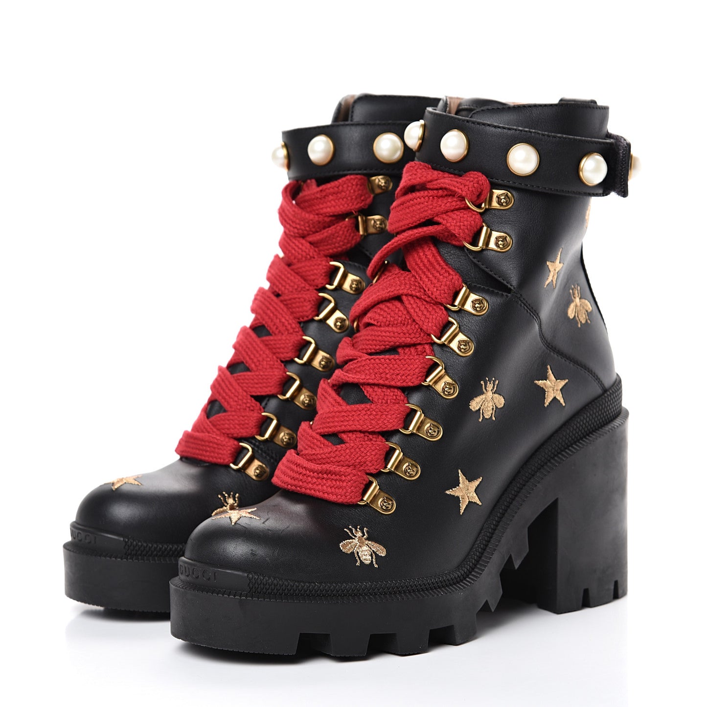 Calfskin Embroidered Lace Up Combat Ankle Boots 37.5 Black