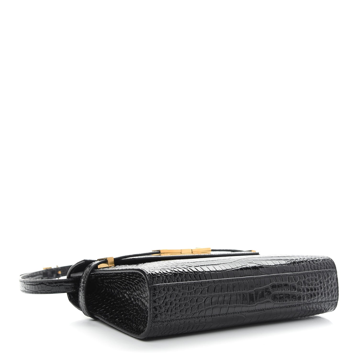 Saint Laurent Shiny Calfskin Crocodile Embossed Small Manhattan Baguette Black 3 of 7