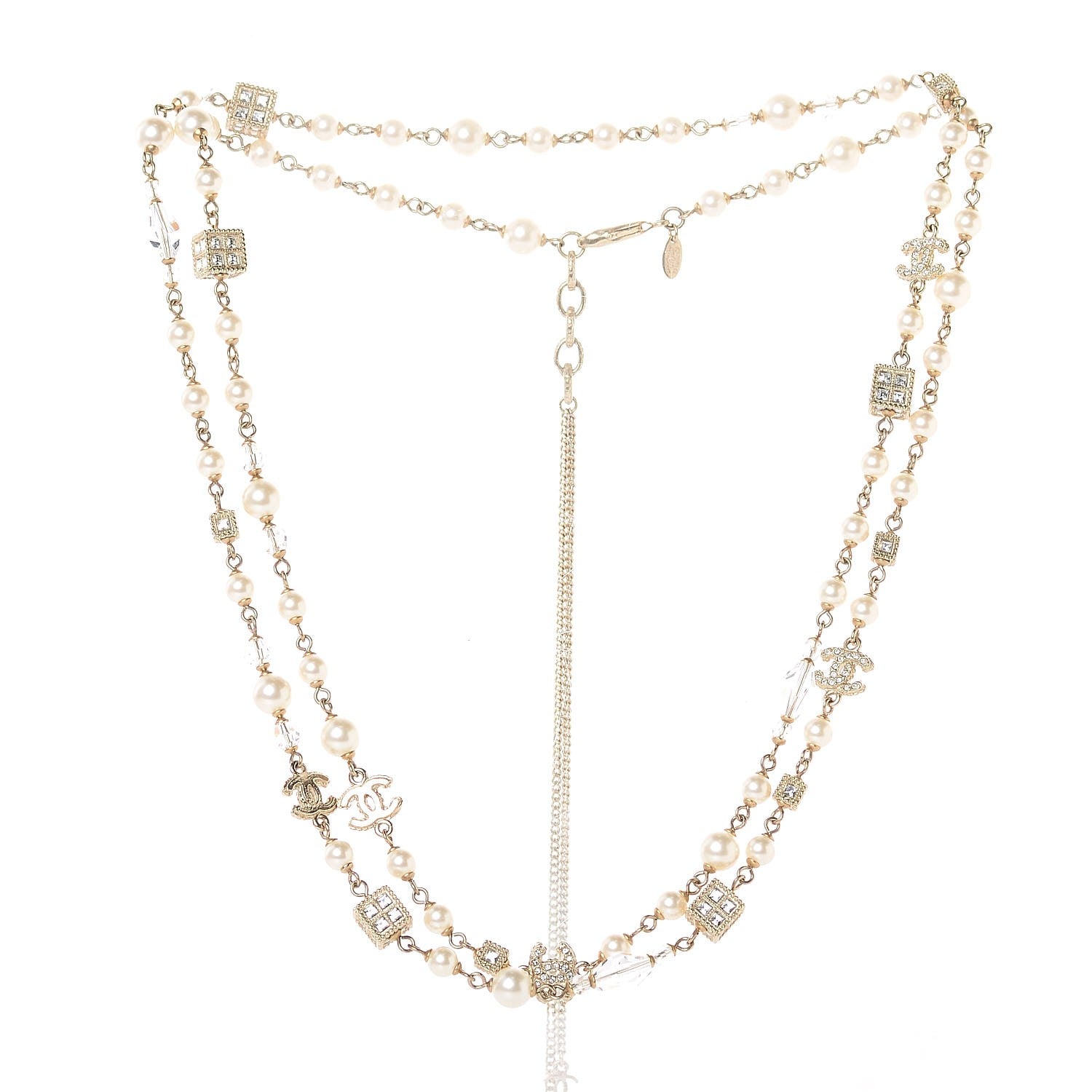 Chanel Pearl Bead Crystal CC Long Necklace Gold 3 of 6