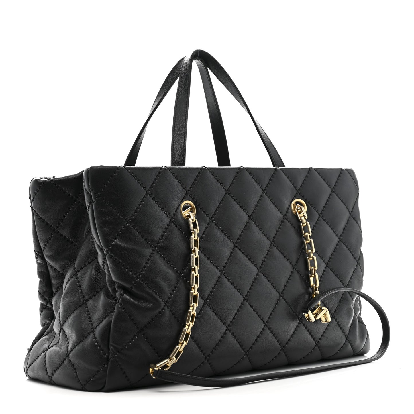 Calfskin Quilted Large Retro Chain Shopping Tote  Black
