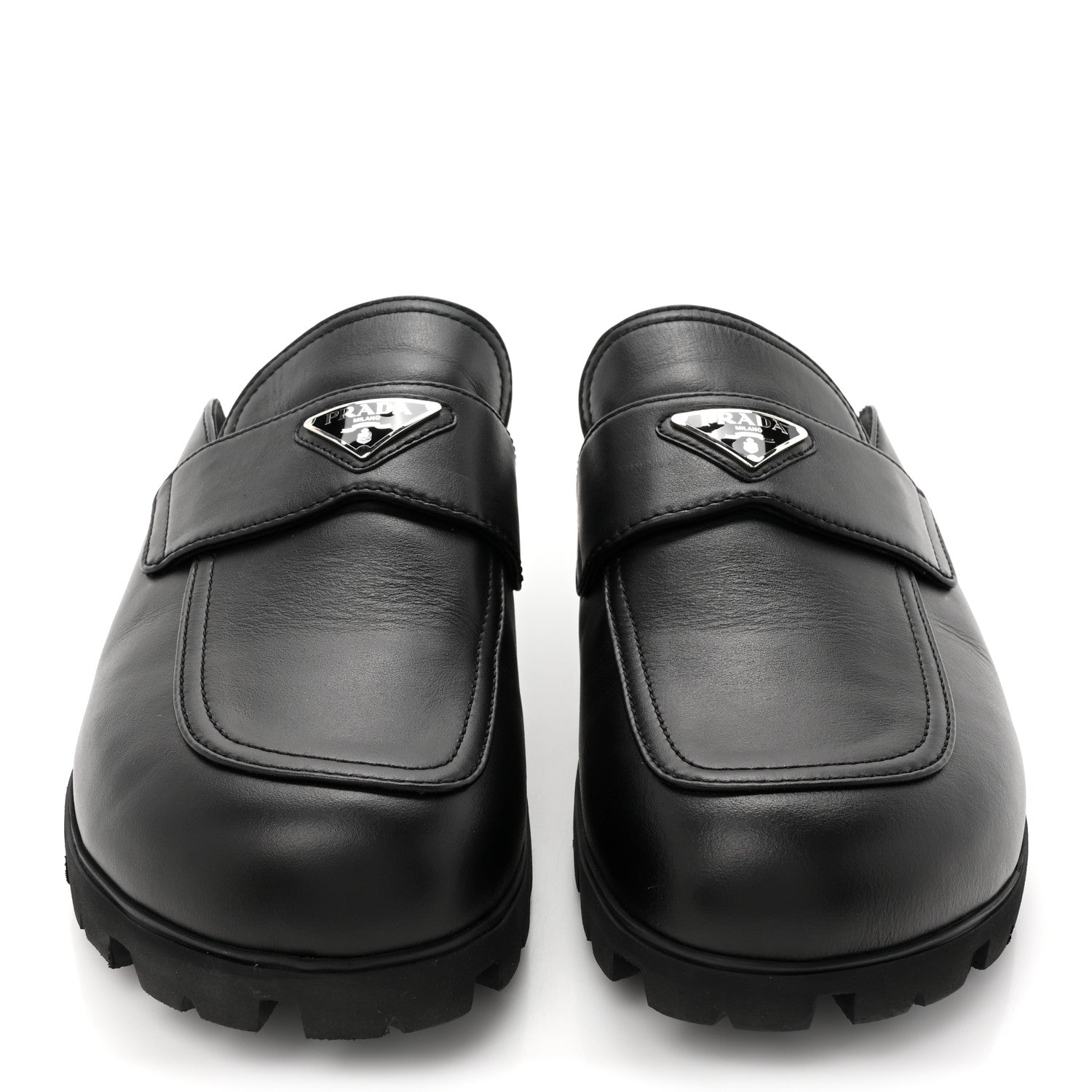 Prada City Calfskin Triangle Mens 20mm Flat Mules 12 Black 2 of 10