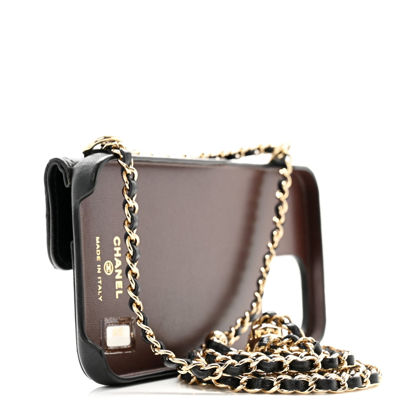 Lambskin Quilted Pearl Crush iPhone XII Pro Holder With Chain Black
