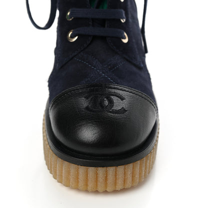Chanel Suede Calfskin Velvet Quilted CC Combat Boots 35 Navy Green Black 9 of 10