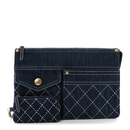 Chanel Denim Quilted Zipped Clutch Blue 3 of 8