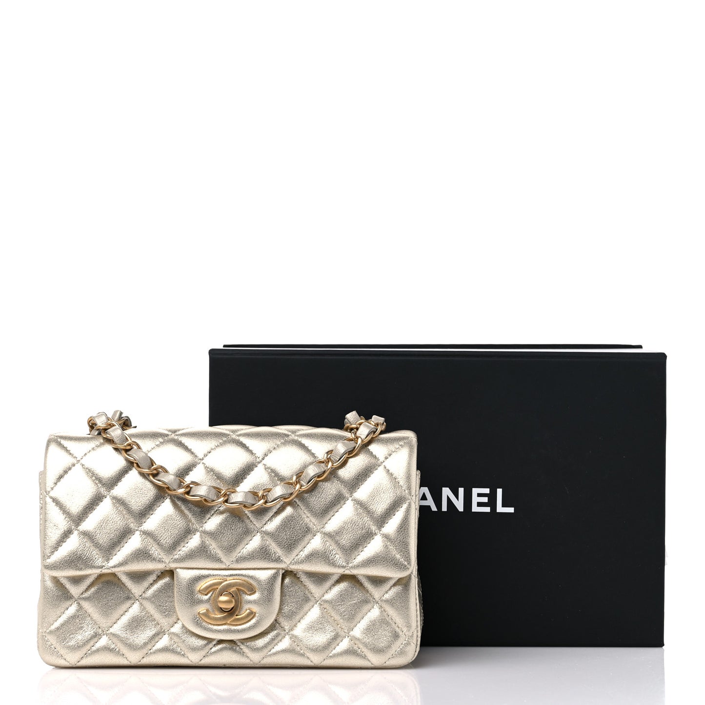 Metallic Lambskin Quilted Mini Rectangular Flap Gold