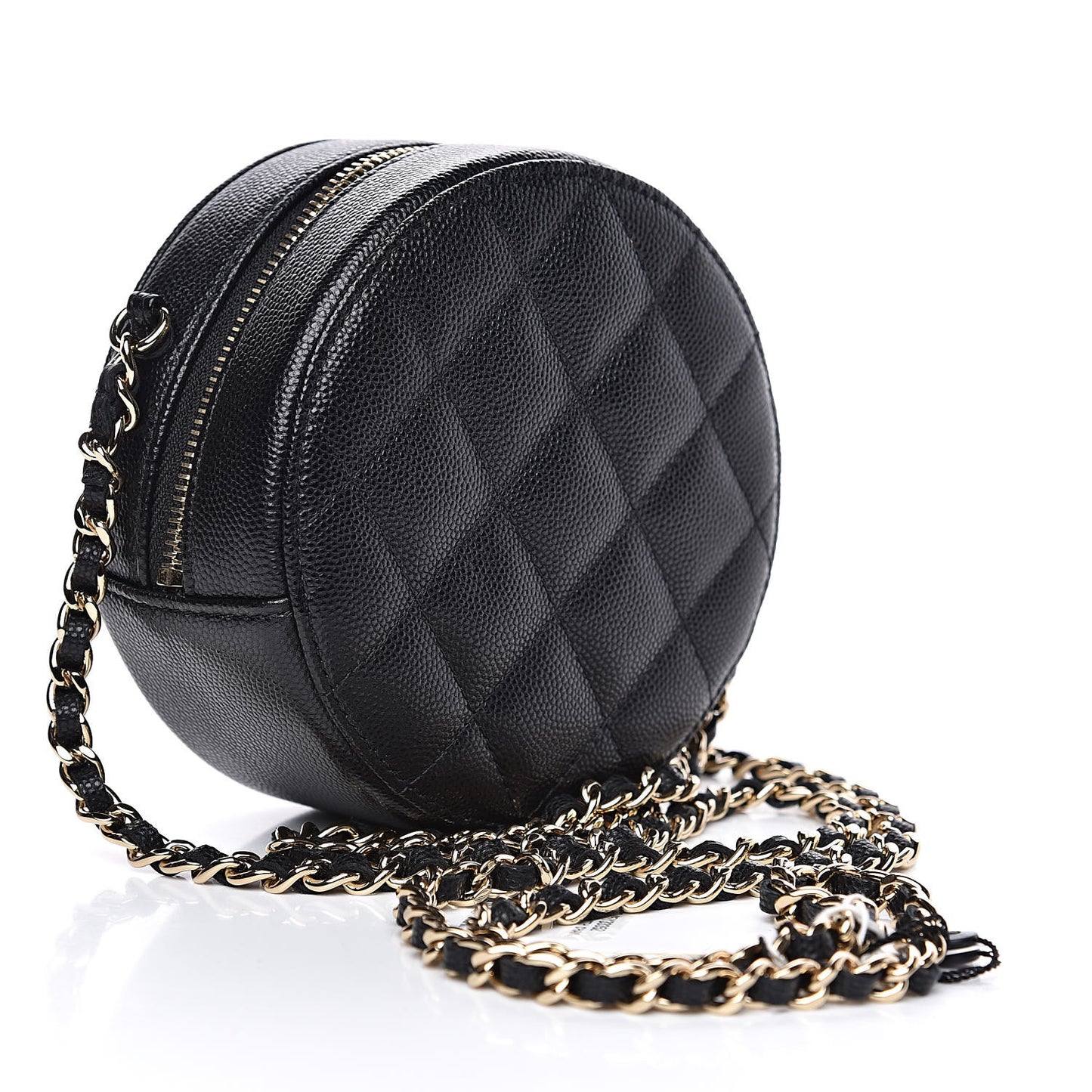 Caviar Quilted Round Clutch With Chain Black