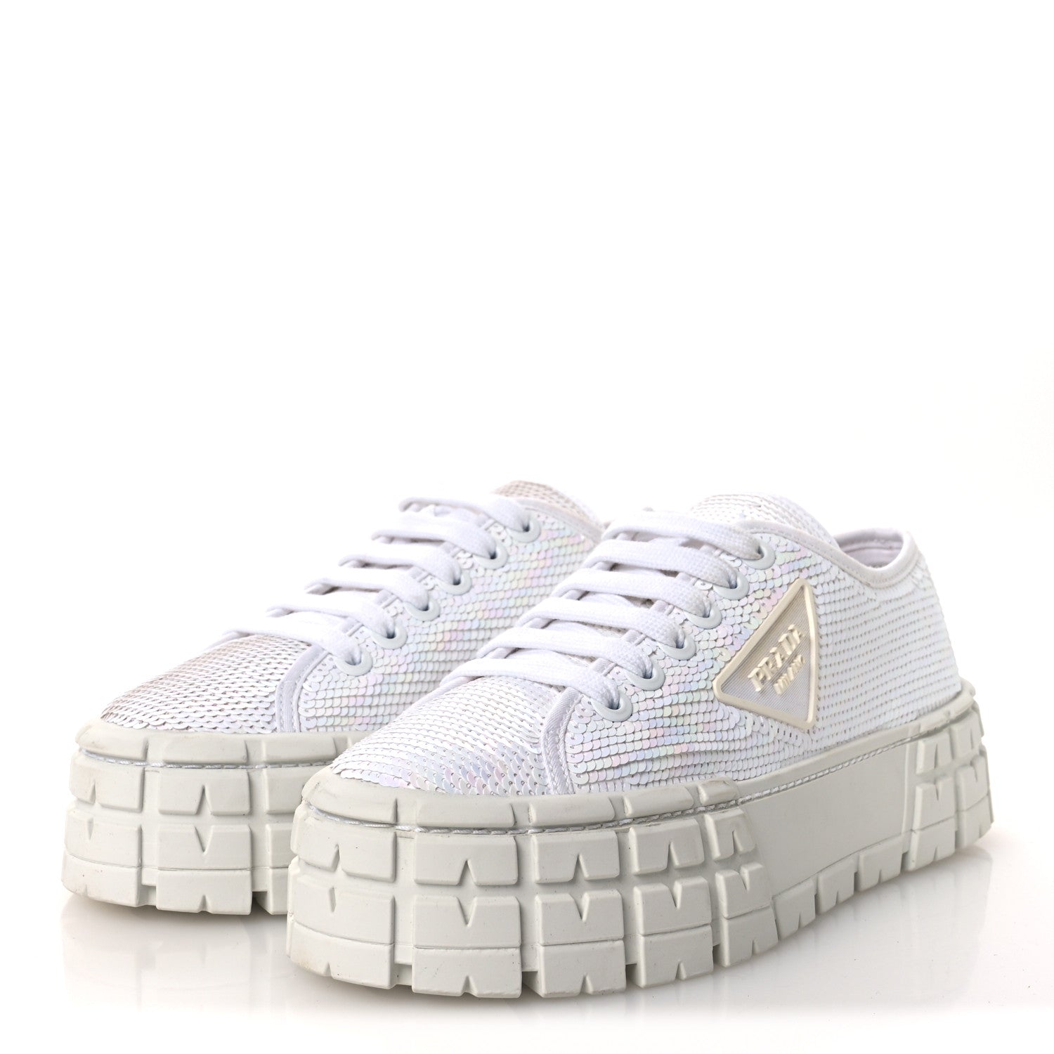 Prada Paillettes Triangle Logo Double Wheel 50mm Sneakers 38.5 White 4 of 10