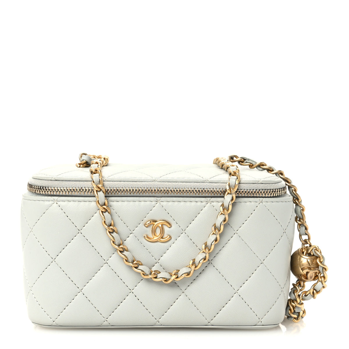 Lambskin Quilted Small Pearl Crush Vanity Case With Chain Grey