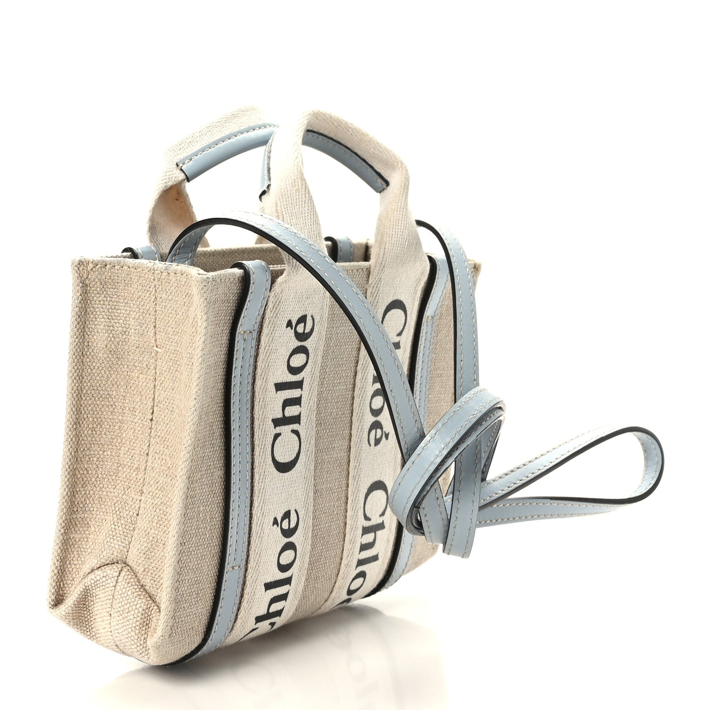 Cotton Calfskin Nano Woody Ribbon Tote With Strap White Blue