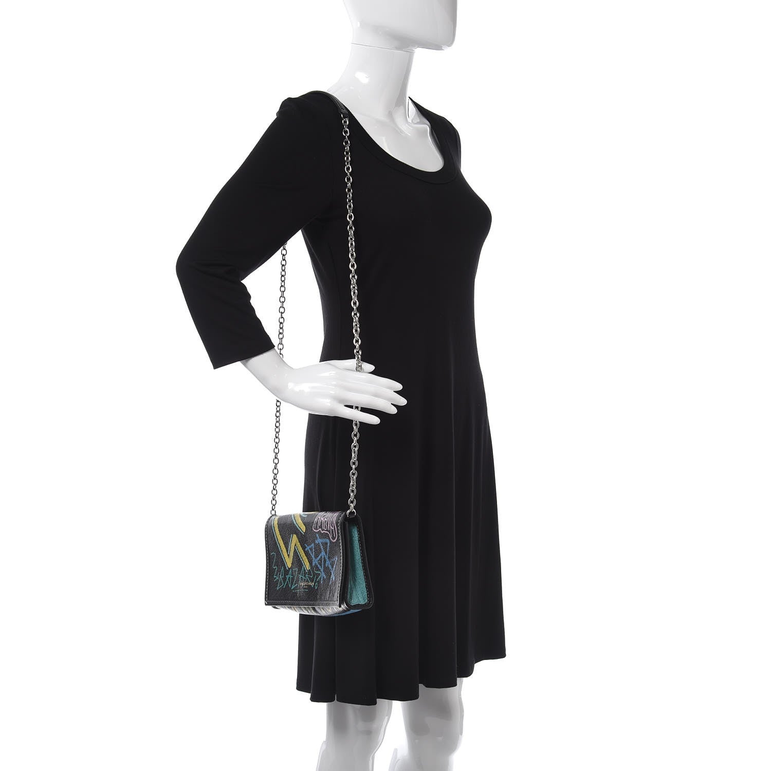 Balenciaga Agneau Arena Graffiti All Over Bazar Chain Shoulder Bag Black Multicolor 2 of 7