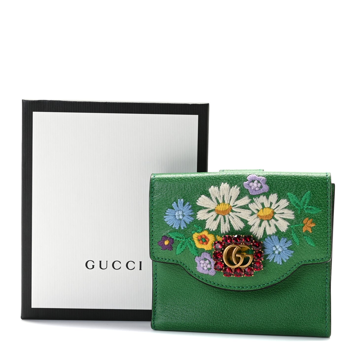 Textured Calfskin Crystal Fiori Floral Embroidered GG Wallet Grass Green