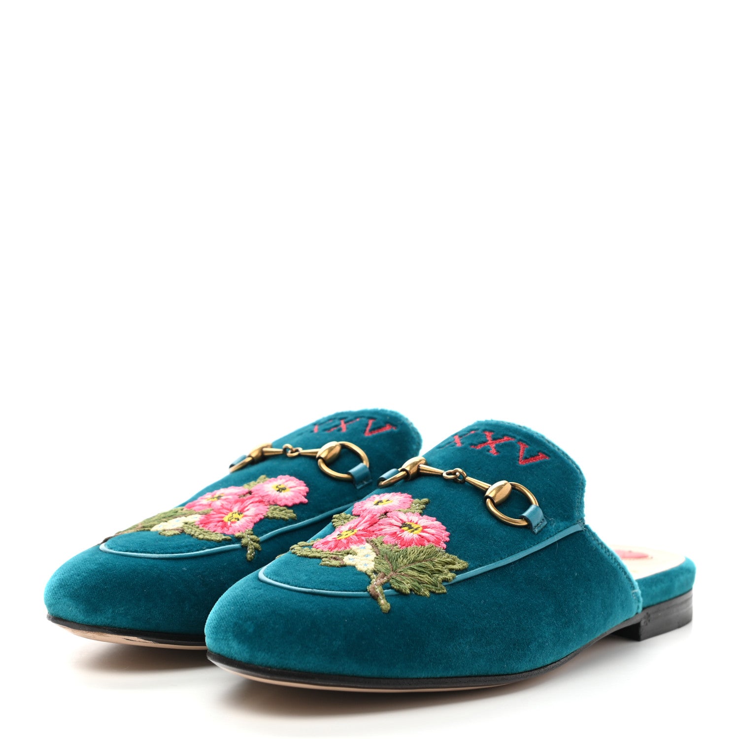 Gucci Velvet Floral Embroidered Womens Princetown Slippers 36.5 Pavone 3 of 11