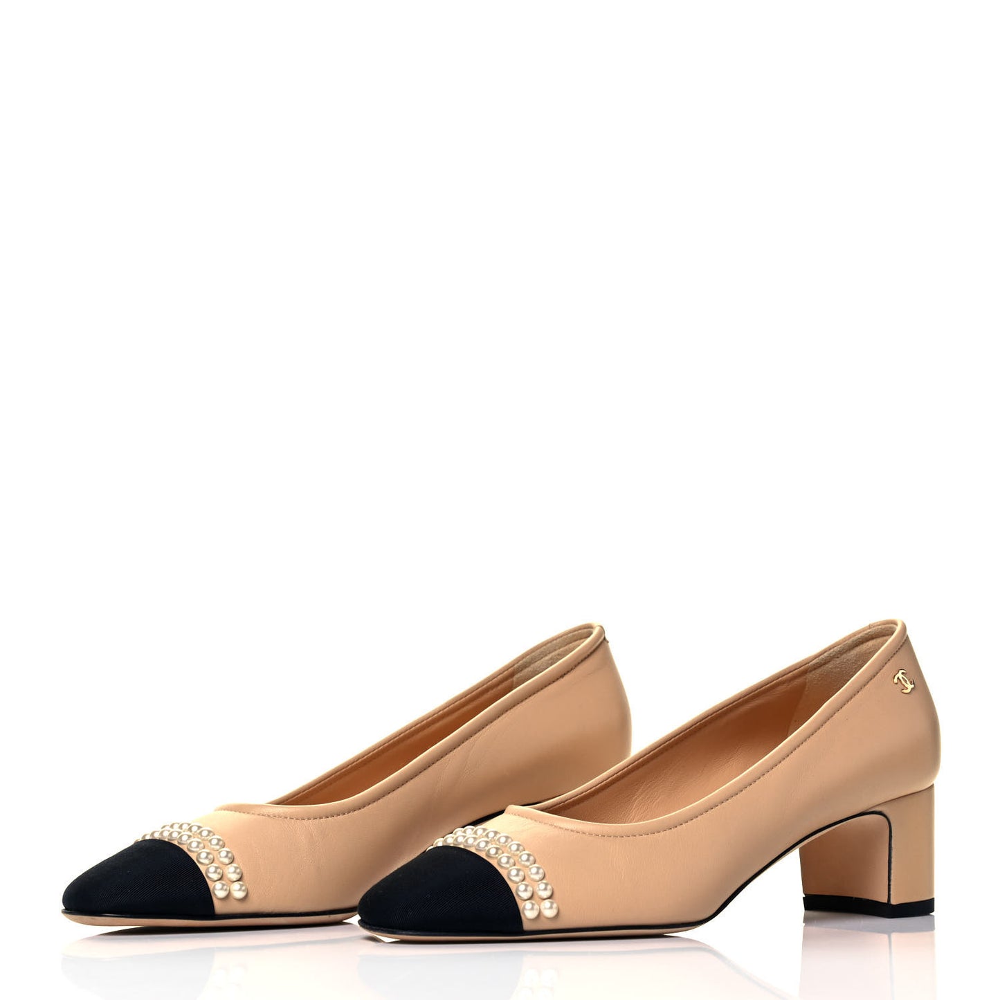 Lambskin Grosgrain Pearl Cap Toe CC Pumps 36 Beige Black