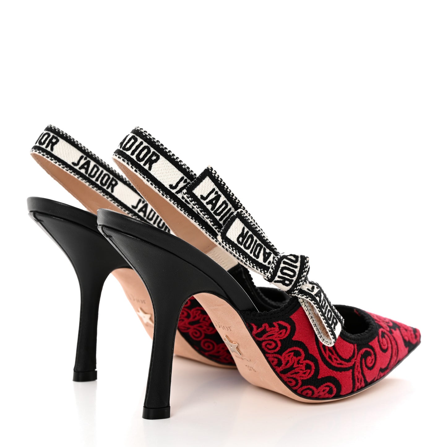 Canvas Bandana Ribbon Embroidered J'Adior Slingback 100mm Pumps 37.5 Black Red