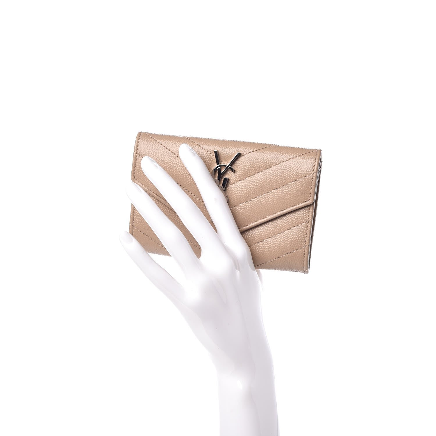 Saint Laurent Grain De Poudre Matelasse Chevron Small Monogram Envelope Wallet Dark Beige 2 of 8