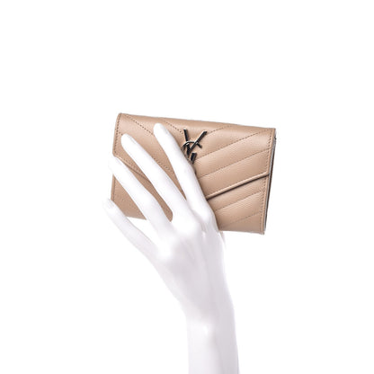 Saint Laurent Grain De Poudre Matelasse Chevron Small Monogram Envelope Wallet Dark Beige 2 of 8