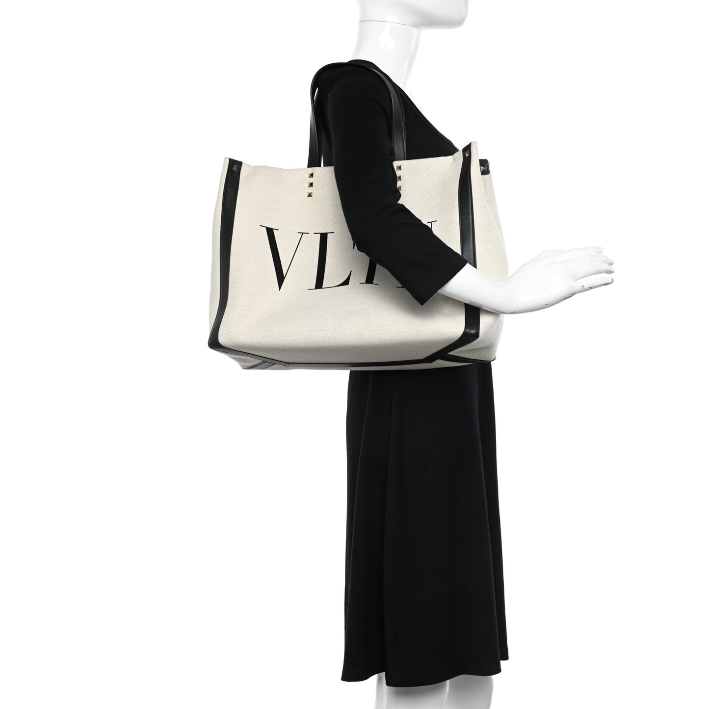 Canvas Calfskin VLTN Print Small Rockstud Tote Naturale Black