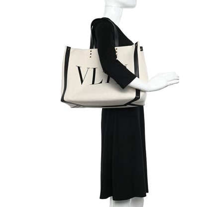 Valentino Garavani Canvas Calfskin VLTN Print Small Rockstud Tote Naturale Black 2 of 11