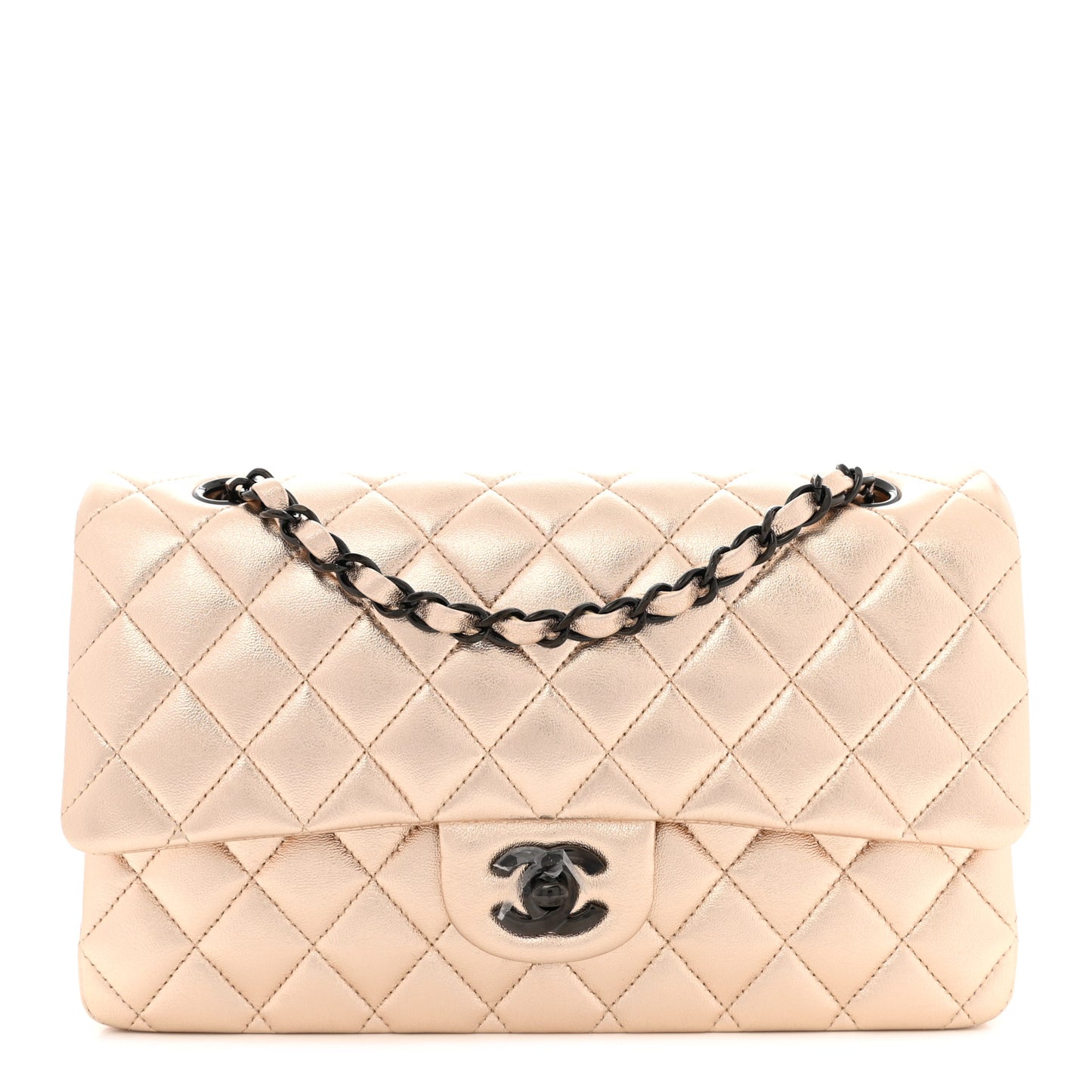 Metallic Lambskin Quilted Medium Double Flap Gold Black