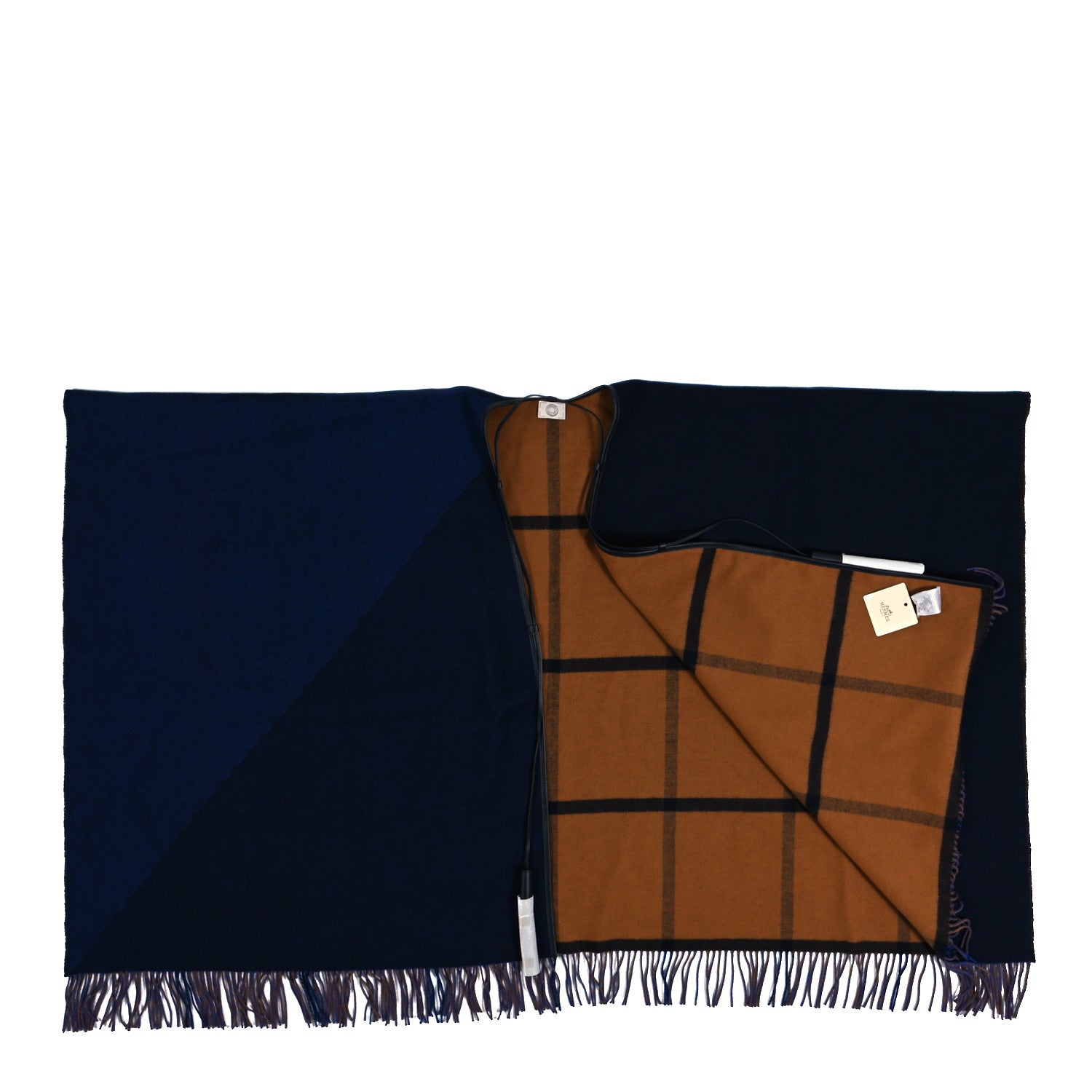 Hermes Wool Calfskin Reversible Highlands Poncho Navy Royal Fauve 2 of 4