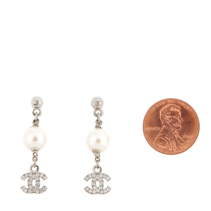 Chanel Crystal Pearl CC Drop Earrings Silver 2 of 4