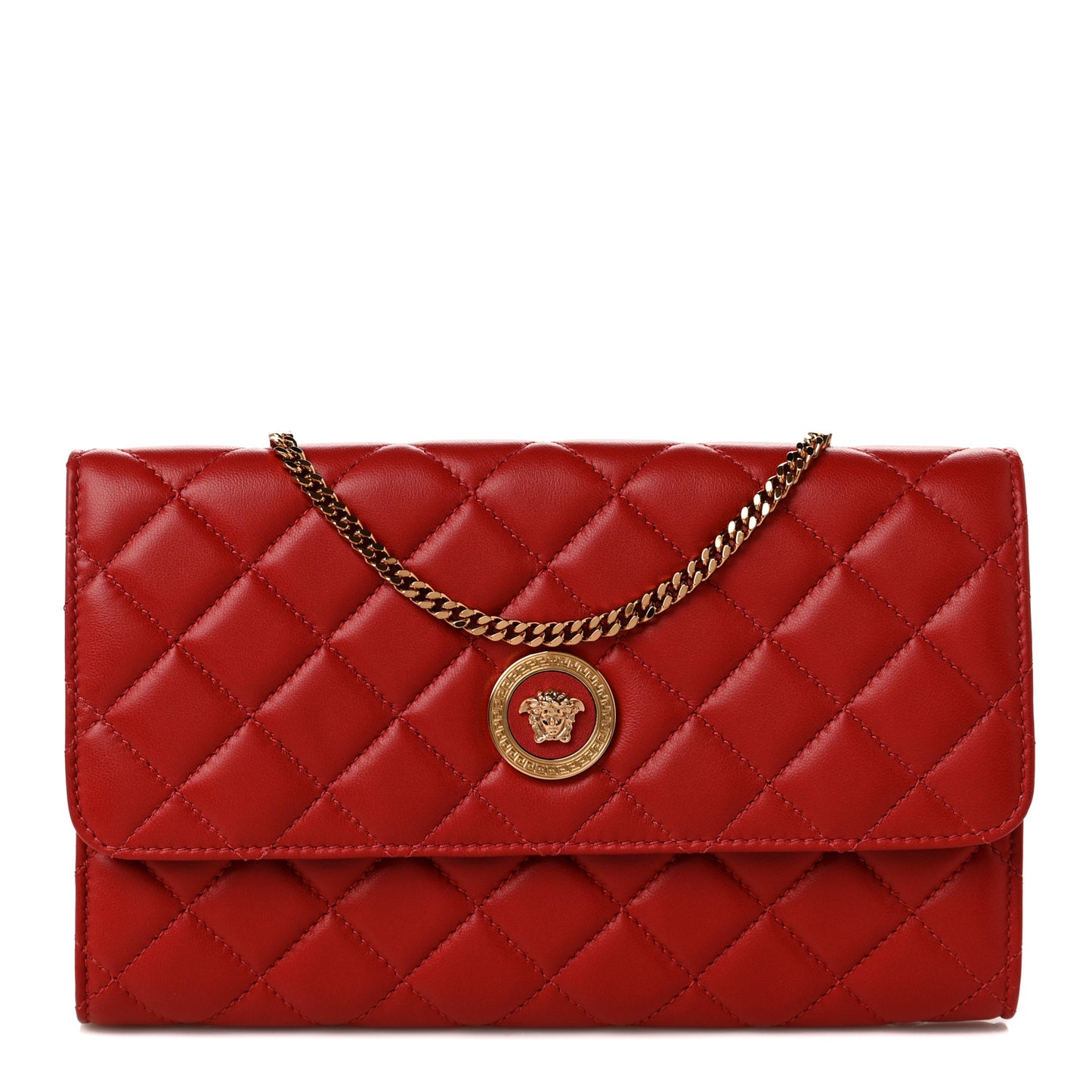 Lambskin Quilted Medusa Wallet On Chain Crossbody Red
