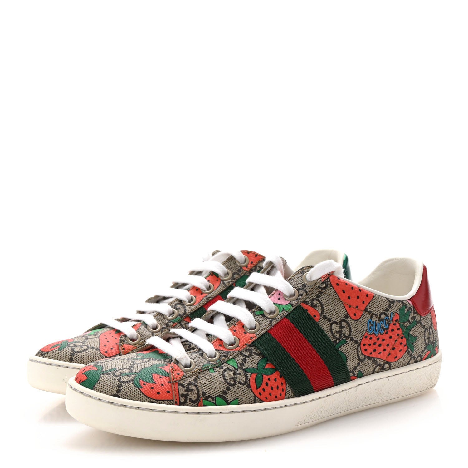 Gucci GG Supreme Monogram Strawberry Web Womens Ace Sneakers 37 Beige Multicolor Red Green 4 of 10