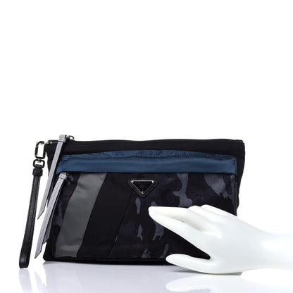 Prada Tessuto Nylon Saffiano Patch Camouflage Pouch Blue Grey Black 2 of 11