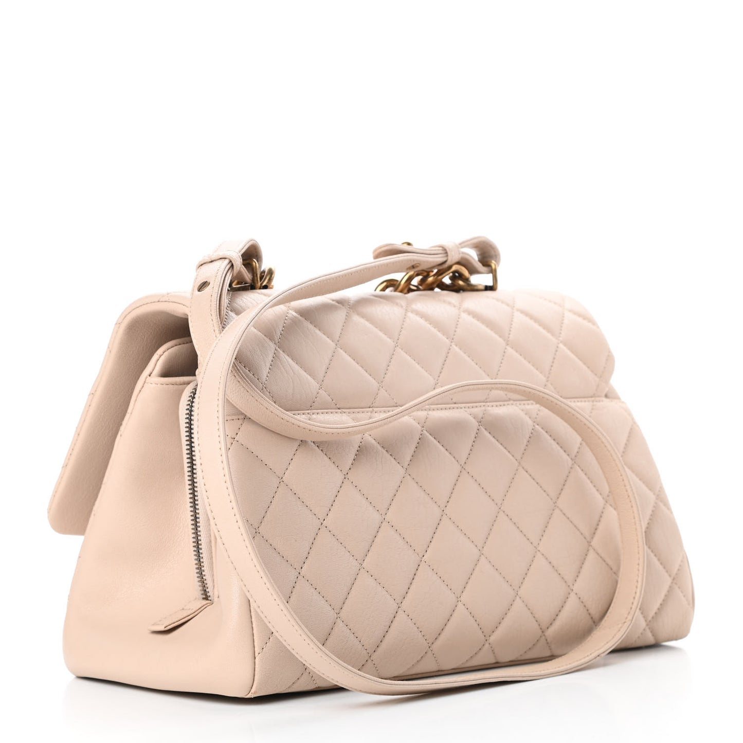 Shiny Sheepskin Quilted Large Trapezio Flap Beige