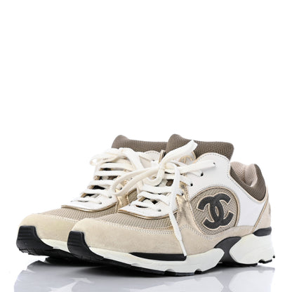 Chanel Suede Calfskin CC Sneakers 37.5 Beige Gold 3 of 10