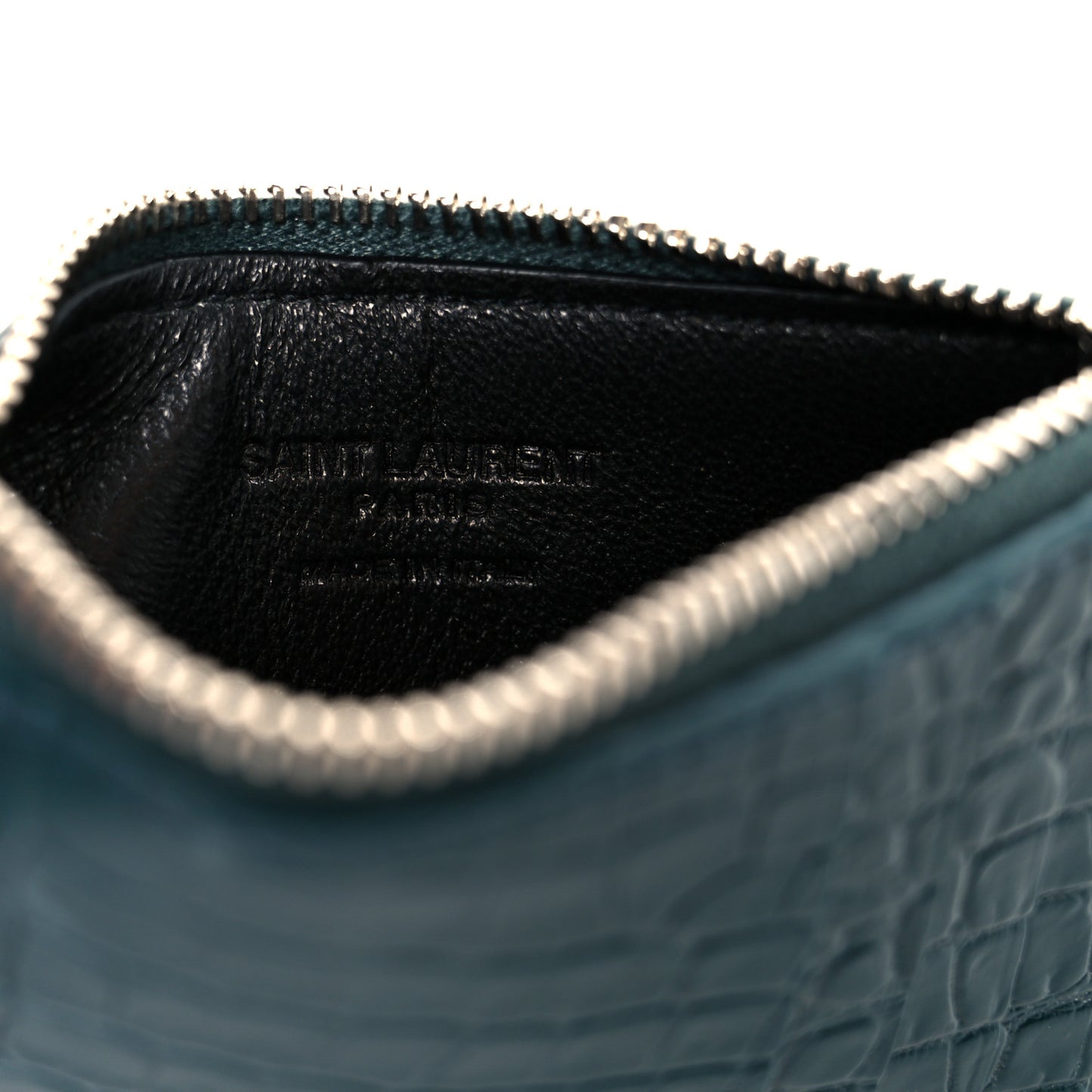 Calfskin Crocodile Embossed 5 Fragments Zip Pouch Card Holder Dark Turquoise