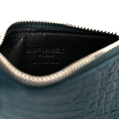 Saint Laurent Calfskin Crocodile Embossed 5 Fragments Zip Pouch Card Holder Dark Turquoise 6 of 9