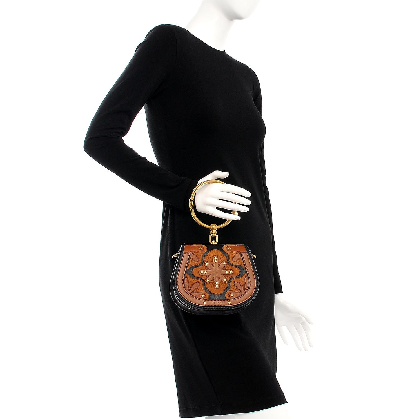 Calfskin Suede Floral Patchwork Small Nile Bracelet Bag Black