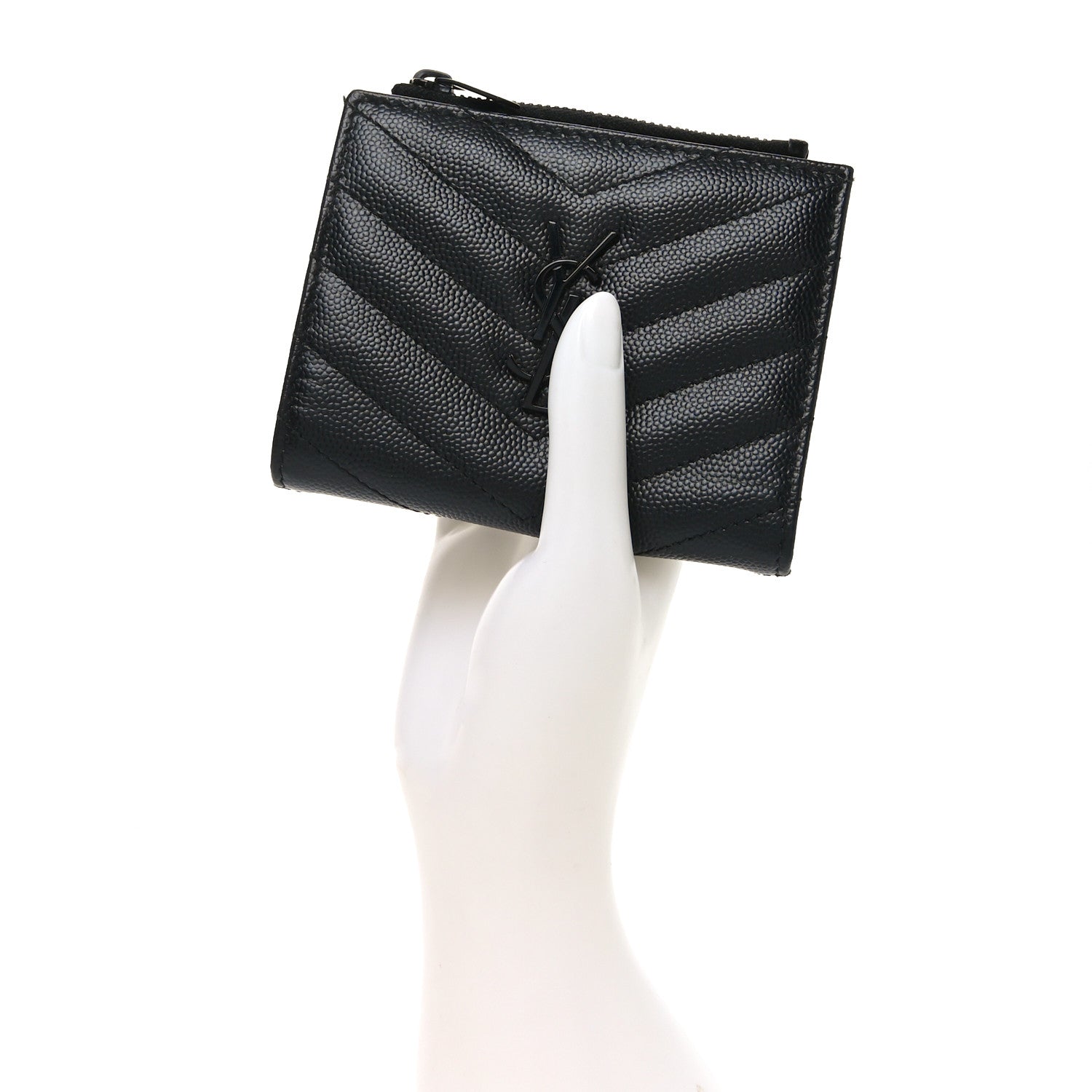 Saint Laurent Grain De Poudre Matelasse Chevron Monogram Zipped Card Case Black 2 of 8