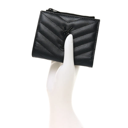 Saint Laurent Grain De Poudre Matelasse Chevron Monogram Zipped Card Case Black 2 of 8