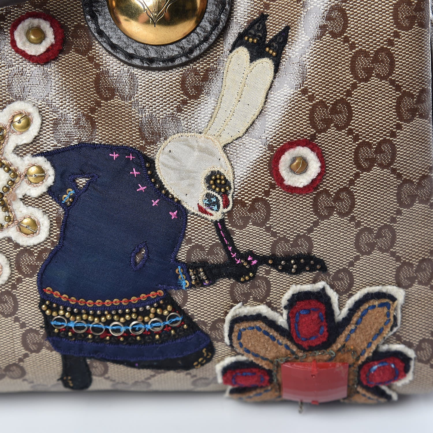 Gucci Crystal Monogram Fable Embroidered Large Babouska Boston Beige 19 of 20