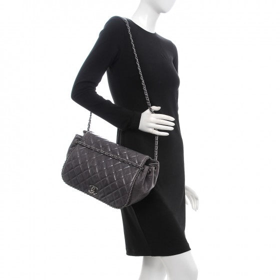 Calfskin Quilted Large CC Enchained Accordion Flap Grey