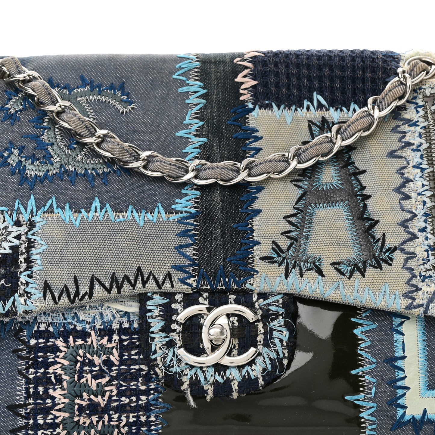 Denim Tweed Patchwork Jumbo Single Flap Blue