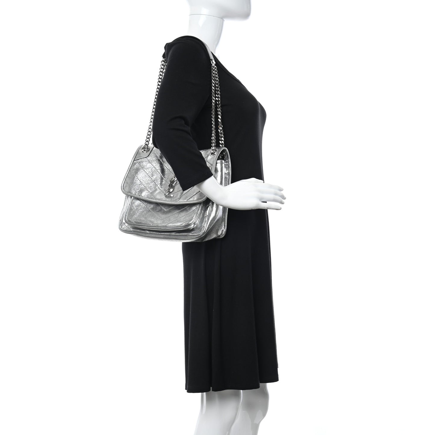 Metallic Lambskin Matelasse Monogram Medium Niki Chain Satchel Argento