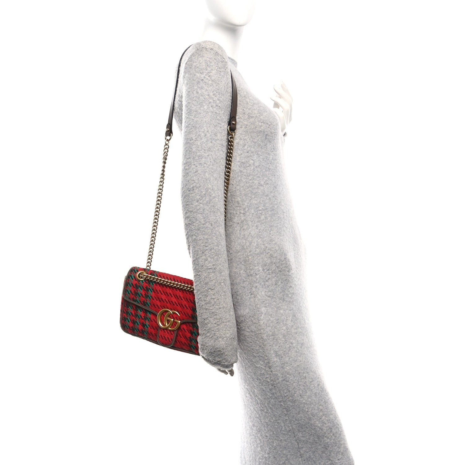 Gucci Wool Tweed Textured Dollar Calfskin Matelasse Diagonal Plaid Small GG Marmont Shoulder Bag Red Green Multicolor New Acero 2 of 11