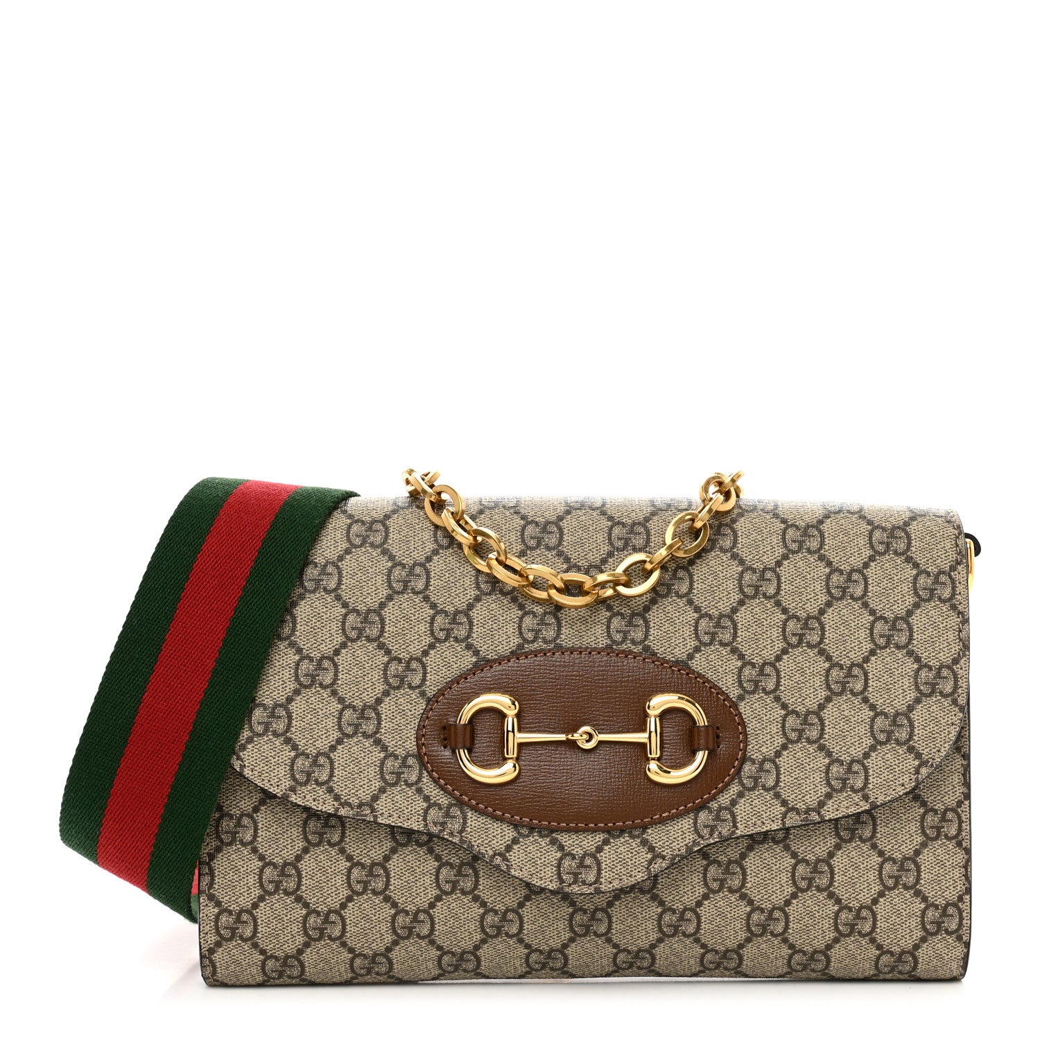 Gucci GG Supreme Monogram Azalea Calfskin Web Small Horsebit 1955 Crossbody Bag Beige Ebony Brown Sugar 1 of 11