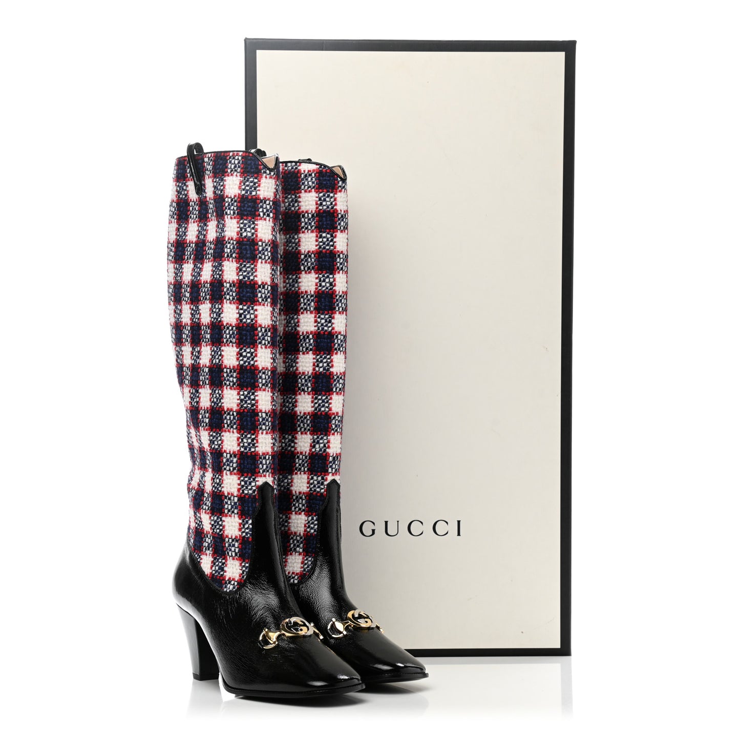 Tweed Naplack Check Zumi Knee Boots 37 White Hibiscus Red Maritime Black