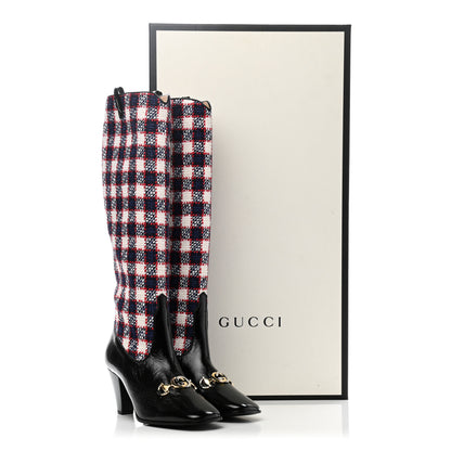 Gucci Tweed Naplack Check Zumi Knee Boots 37 White Hibiscus Red Maritime Black 9 of 9